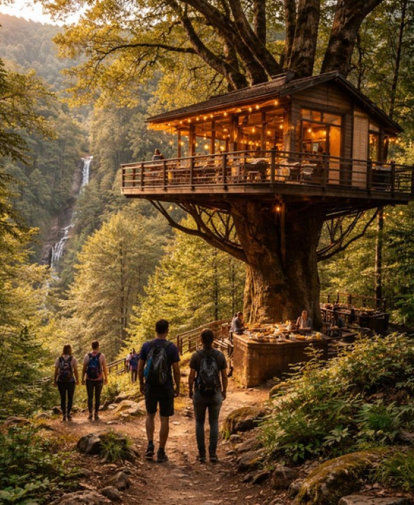 Casa na árvore com cachoeira